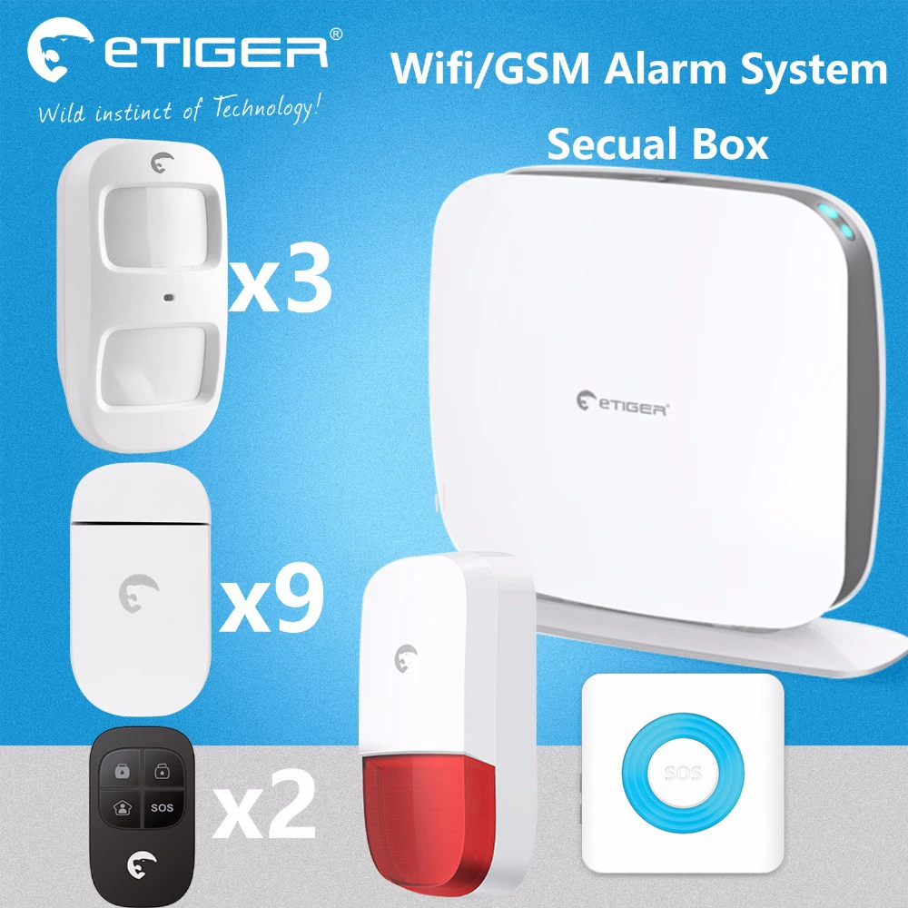 2016 etiger новый продукт домашняя wifi сигнализация система secual box gsm & 95db сирена 100