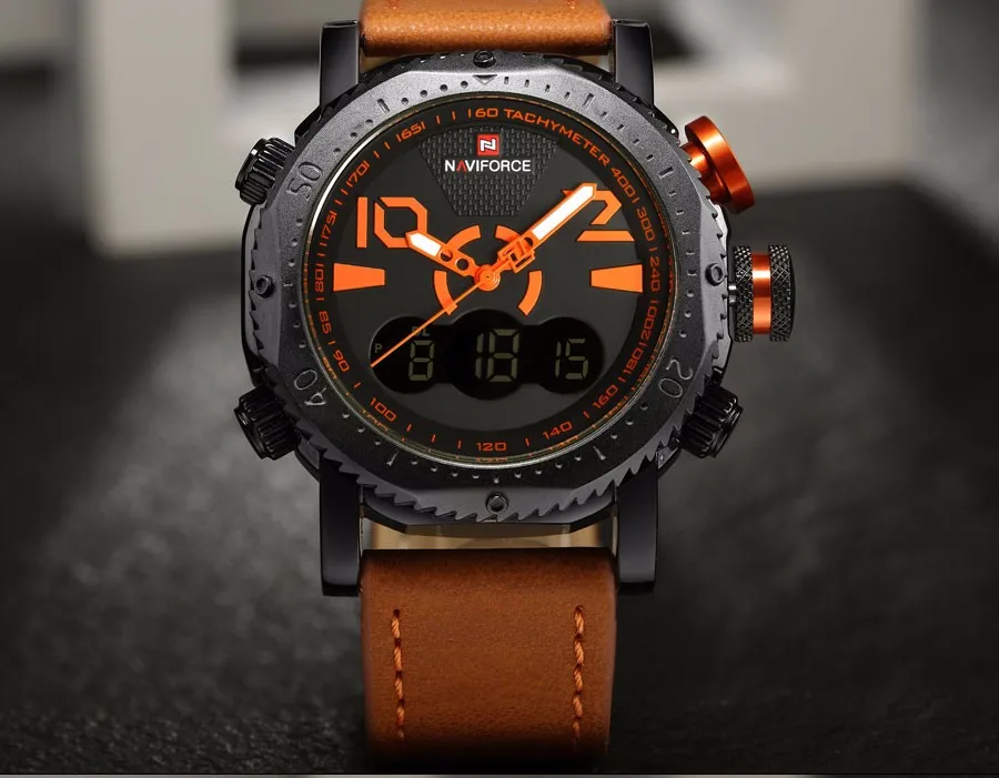 Бренд NAVIFORCE, мужские спортивные часы, двойной дисплей, часы для мужчин, светодиодный, цифровые, аналоговые часы, оранжевые, кварцевые часы, 30 м, водонепроницаемые мужские часы