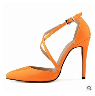 Orange Heel Loslandifen/Большие размеры 35-42; женские туфли на высоком каблуке-шпильке с перекрестными ремешками; женские туфли-лодочки из лакированной кожи с пряжкой и ремешком в европейском стиле - Цвет: Orange Heel