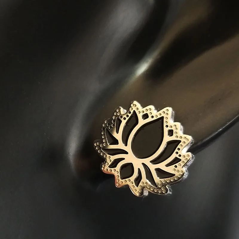 Fashion Black Enamel Stainless Steel Earrings for Women Small Lotus Stud Earring Jewelry boucle d'oreille fantaisie E1329S02 | Украшения