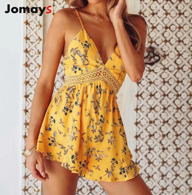 Винтажный желтый кружевной v образный вырез Бохо женский комбинезон на