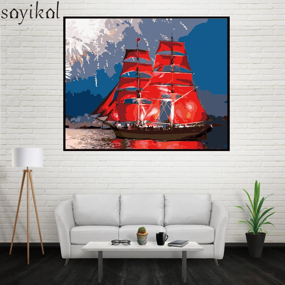 Цифровая DIY картина по номерам рамка красный парусник морской пейзаж украшение