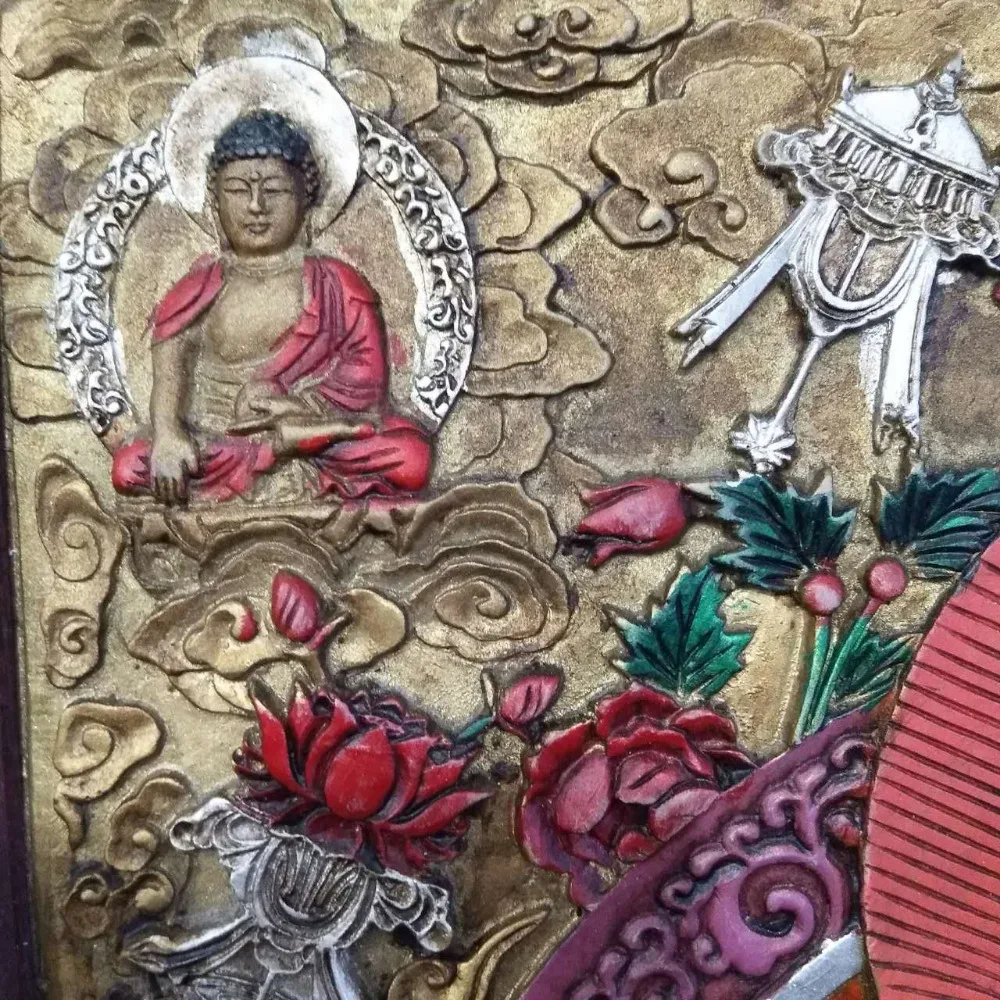 Tibet Wood Inlay Copper Painting Shakyamuni Amitabha Buddha Hang Wall Screen Buddhism Tathagata |