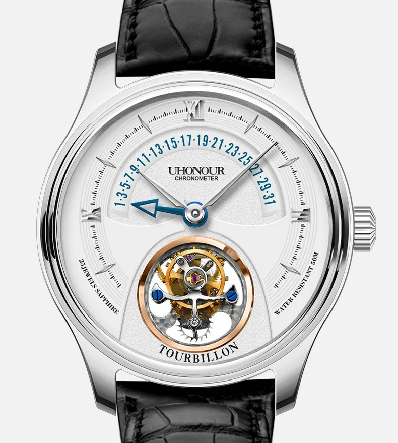 White Dial Black Топ Tourbillon Move Мужские механические наручные часы с светящимся календарем из крокодиловой кожи мужские часы Tourbillon Montre Homme - Color: White Dial Black