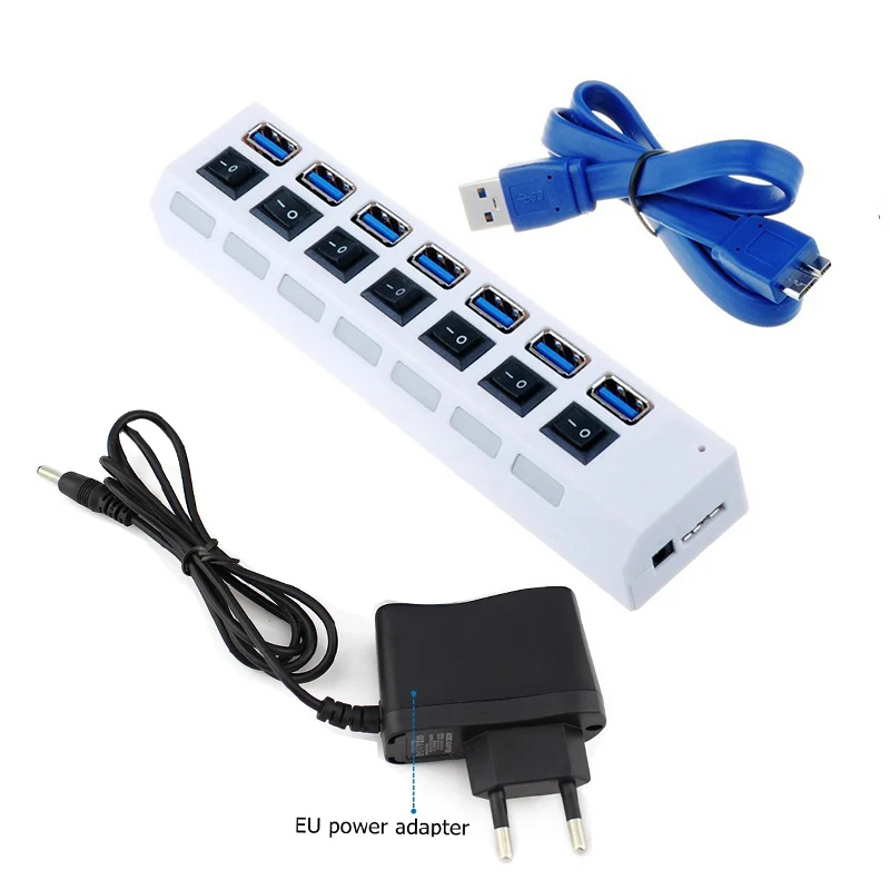 White with EU Power Windyoung USB Hub 3,0 высокое Скорость 7 Порты и разъёмы USB 3,0 концентратор с EUPower адаптер многопортовый usb-адаптер ВКЛ/ВЫКЛ для ноутбука MacBook - Цвет: White with EU Power