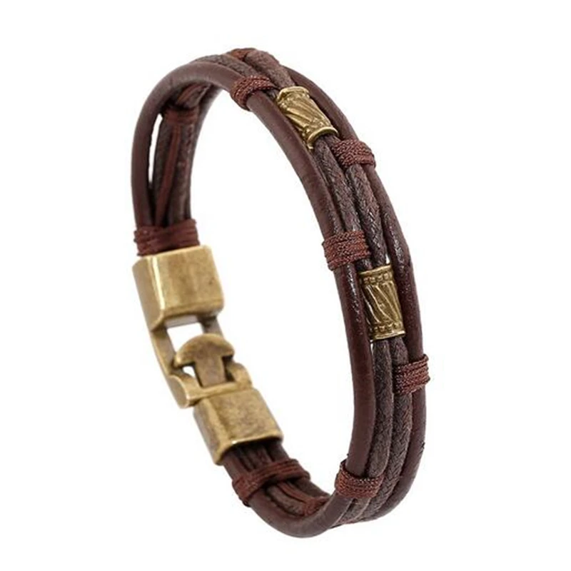

Retro Fashion Multi-Layer Leather Bracelet for Men's Casual Sports Accessories Bronze Hook Chain Men's Jewelry Cheap