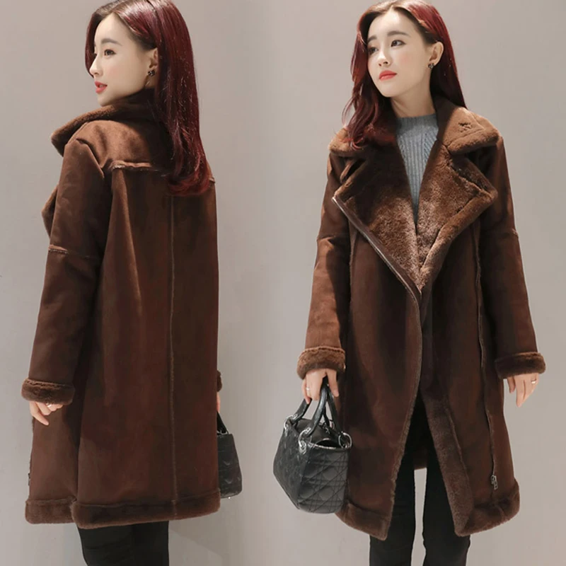 

New Women Long Coat Autumn Winter Warm Velvet Thicken Faux Suede Coats Parka Female Solid Double Breasted Jacket Outwear AB691