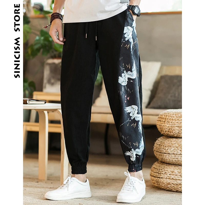 Sinicism Store мужские хлопковые льняные брюки, мужские летние штаны в этническом стиле с принтом, мужские повседневные штаны для бега