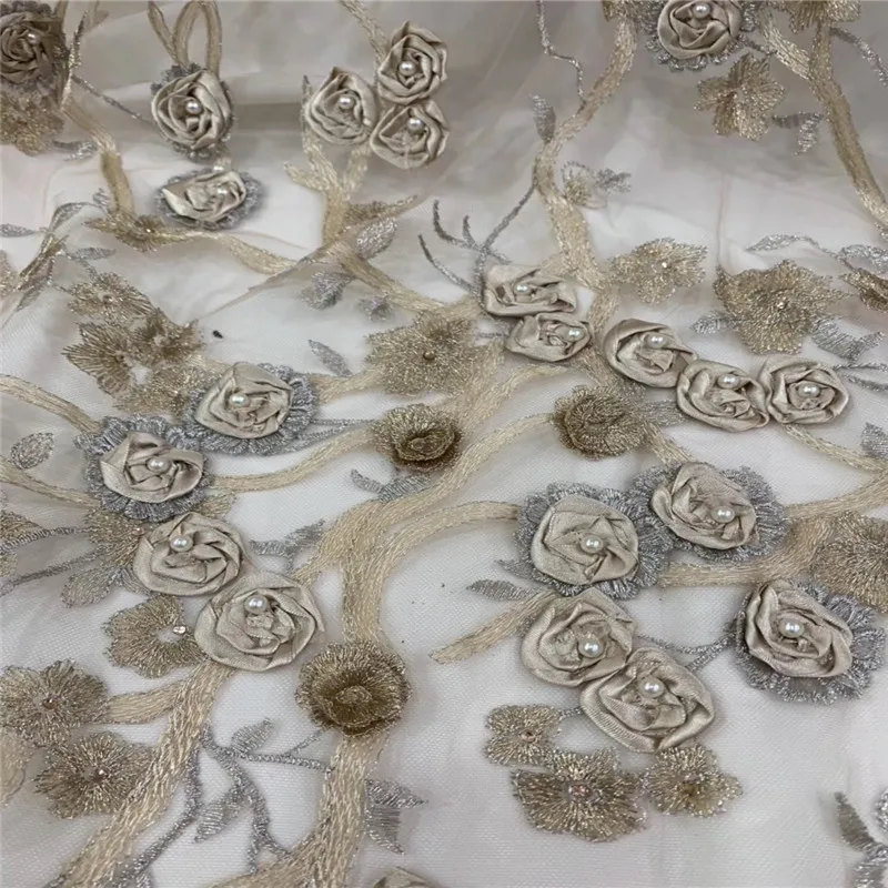 HFX Luxury Nigeria Elegant Gold African Net Lace High Quality Beads French Fabric 3d Appliques Tulle Mesh X1343 | Дом и сад