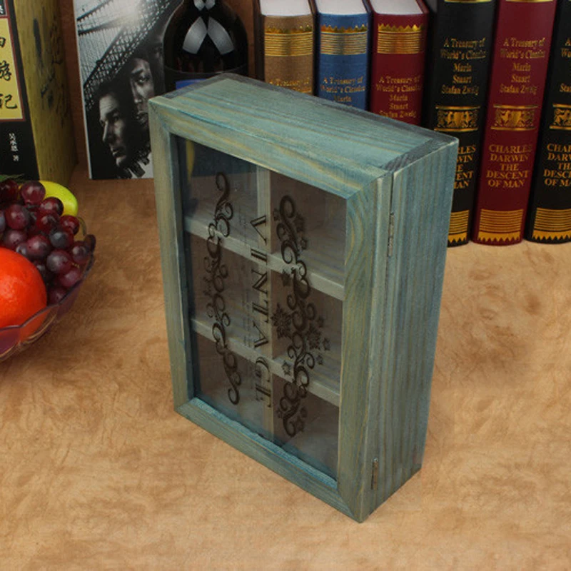 

Transparent Jewelry blue groceries Storage box Special offer Creative Retro Solid wood Multi-cell storage box Make old wooden