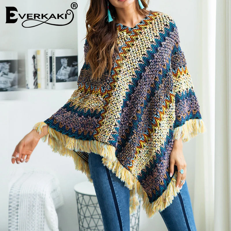 Everkaki Boho вязаный свитер с кисточками шаль женская накидка этнический толстый