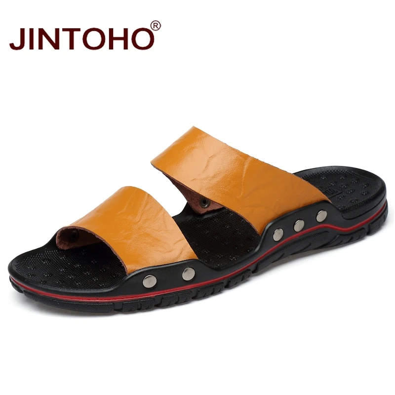 yellow brown JINTOHO/мужские шлепанцы из натуральной кожи большого размера; модная летняя обувь; повседневные кожаные тапочки для мужчин; дешевые пляжные Тапочки - Цвет: yellow brown