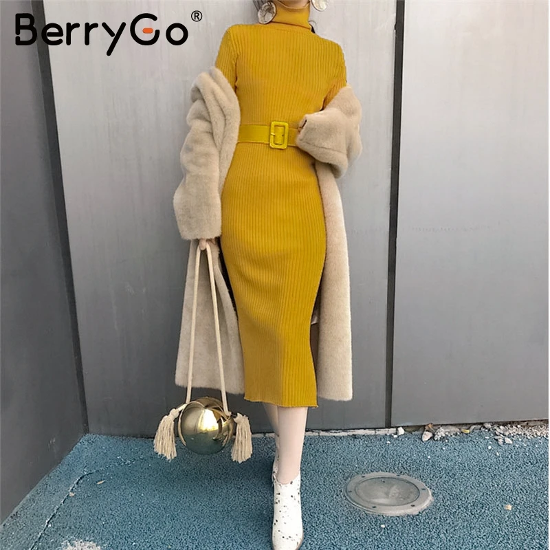 BerryGo, элегантный желтый длинный свитер, вязаное платье для женщин, пояс, бодикон, Осень-зима, платье, повседневное, тянущееся, женское платье festa