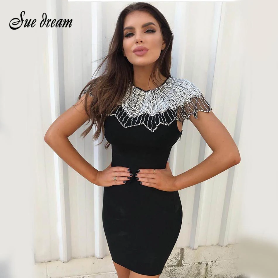 

2021 Fashion New Women Beads Embellished Mini Runway Bandage Dress Sexy Celebrity Evening Party White Dresses Vestidos Wholesale