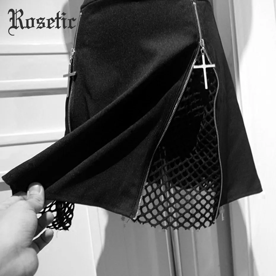 Rosetic, женская готическая мини-юбка, черная, трапециевидная, с перекрестной молнией, с сеткой, сексуальная, для путешествий, клуба, вечерние, для девушек, повседневные, готические юбки