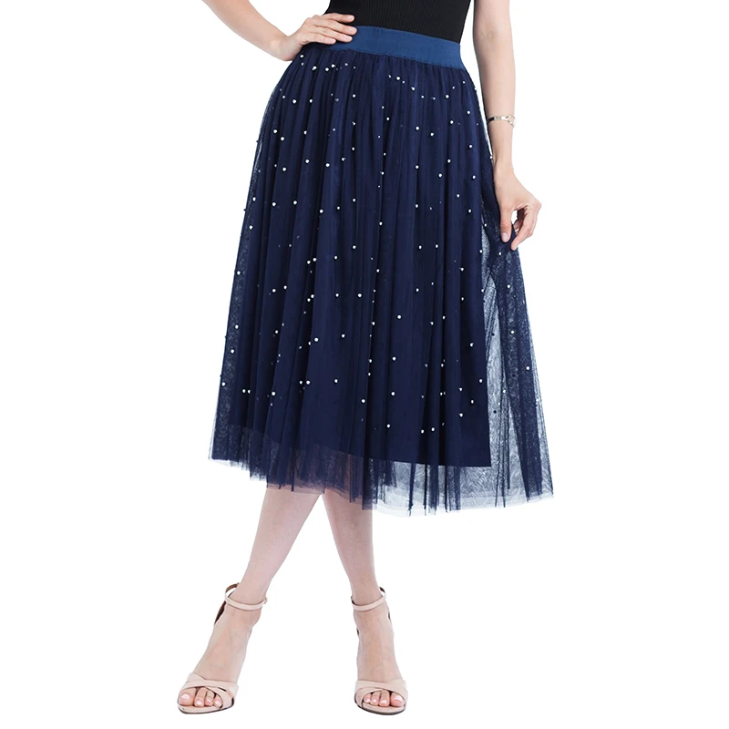 navy blue Юбка из тюля, украшенная бисером, сетчатая юбка из тюля, женское серебряное платье-пачка украшенное жемчугом, эластичная резинка на талии, винтажные плиссированные юбки для женщин, подарок - Цвет: navy blue