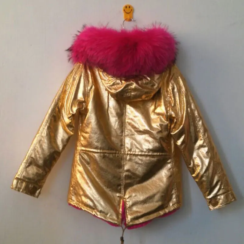 Short style hot pink red faux fur lining warming jacket with gold leather outside coat | Мужская одежда