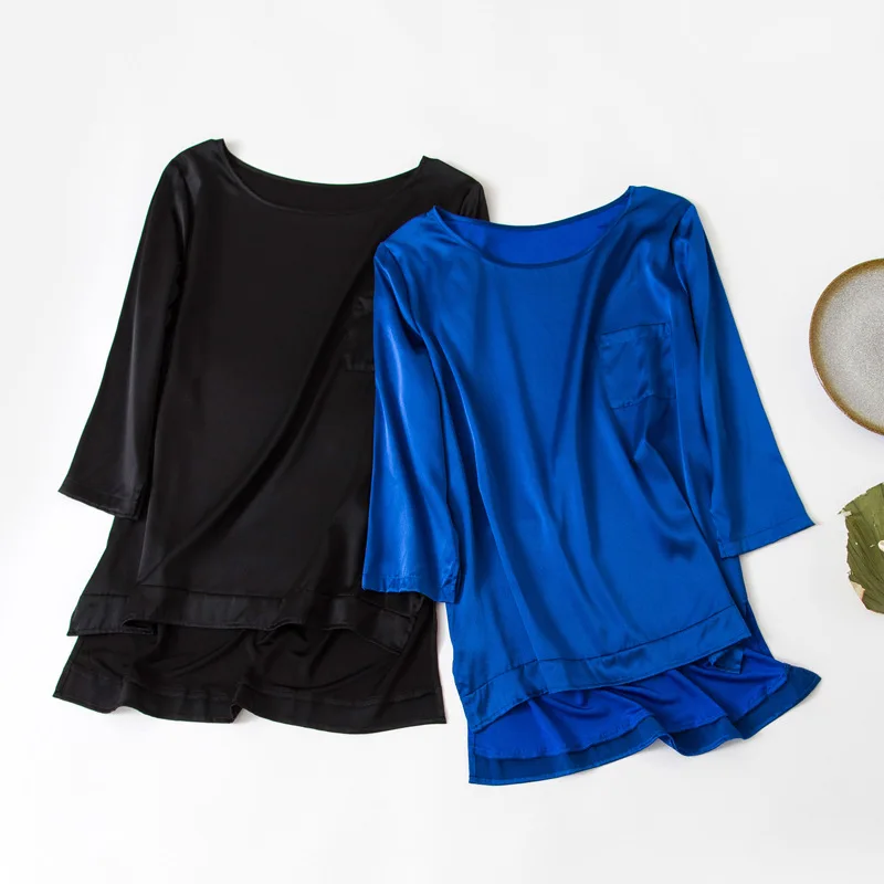 Stain Silk Women Tee Shirt Mediumi Sleeve Vintage Blouse Summer Loose Pocket Shirts Breathable
