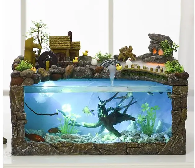 Rockery L 15L Экологический аквариум настольный домашний фонтан пейзаж аквариум Ветер Воды Колесные украшения офиса Ретро Китайский Европа - Цвет: Rockery L 15L