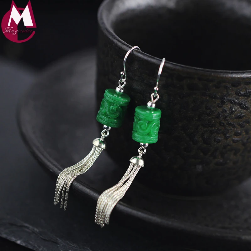 Women's Long Tassel Drop Earring Pure 925 Sterling Silver Natural Jade Handmade Gifts Fashion Jewelry 2021 Free Shipping E234 |