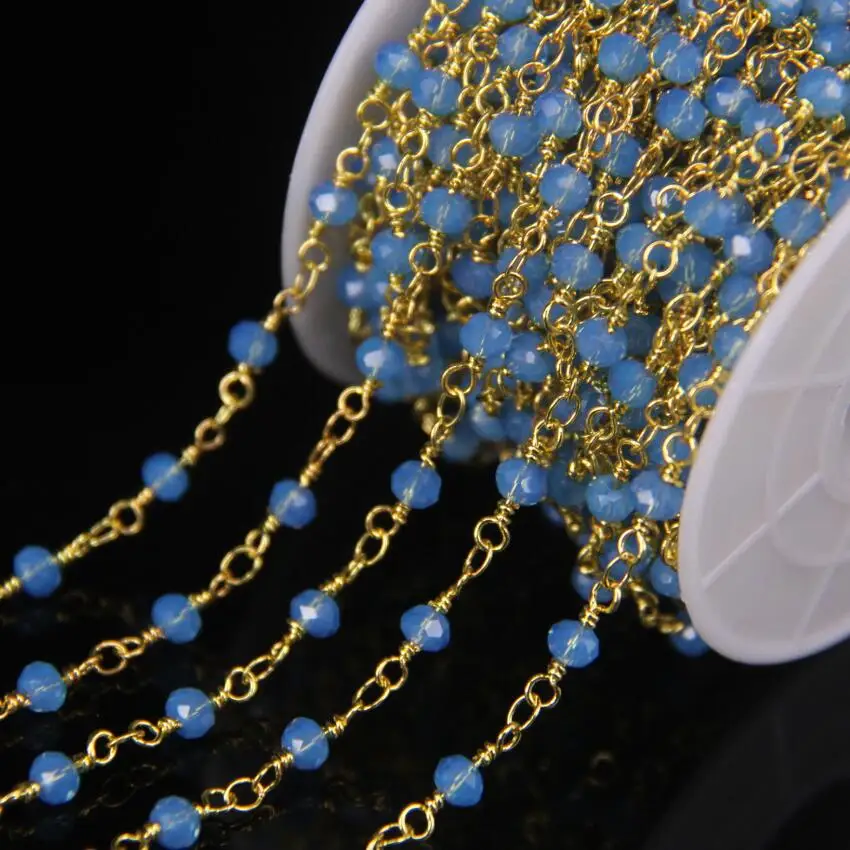 

5Meter Blue Opal Glass Gold Plated Wire Wrapped Rosary Chain,3x4mm Crystal Glass Faceted Rondelle Bead Link Chain DIY Necklaces