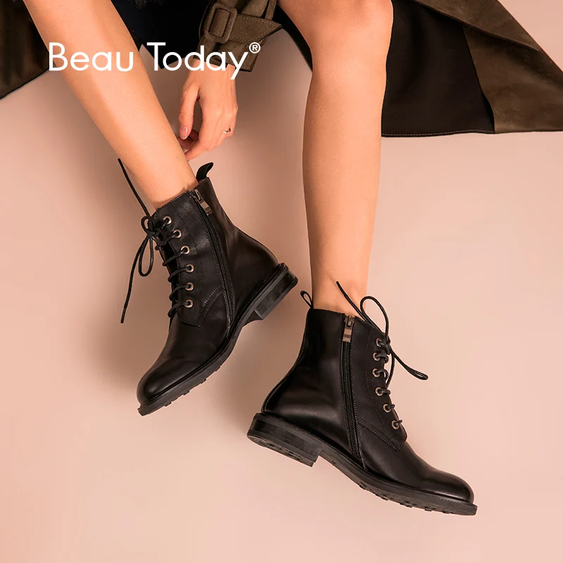 BeauToday/женские ботильоны из телячьей кожи с перекрестной шнуровкой и боковой молнией; Лидирующий бренд; натуральная кожа; модная женская обувь ручной работы; 03098