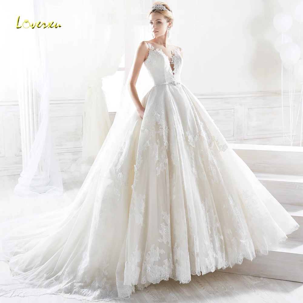 Свадебное платье Loverxu Vestido De Noiva роскошное кружевное с аппликацией пуговицами и