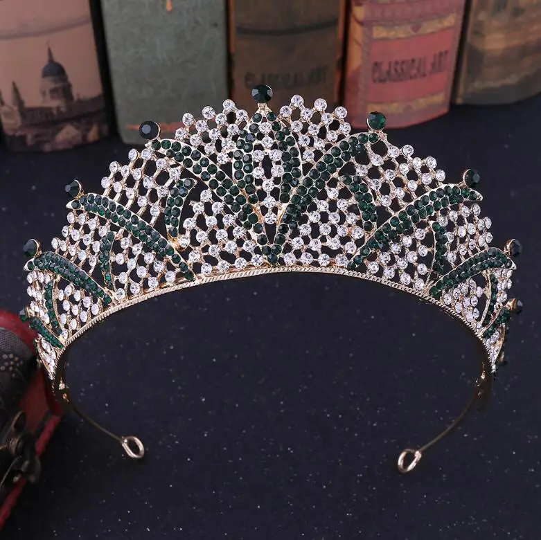 Gold Green KMVEXO барокко Золотой Кристалл невесты Королева Король большая корона выпускного вечера свадебная диадема украшения для волос тиары Свадьба головная повязка украшения - Окраска металла: Gold Green
