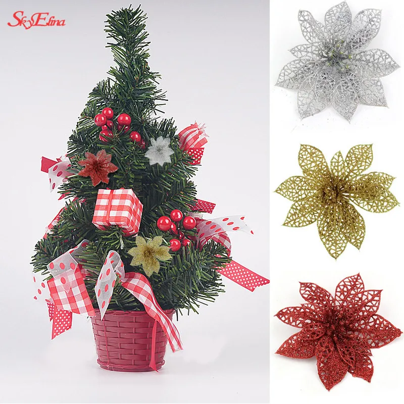 10PCS Glitter Hollow Artificial Flower Xmas Ornament Christmas Tree Decoration Festival Party Home New Year 5Z | Дом и сад