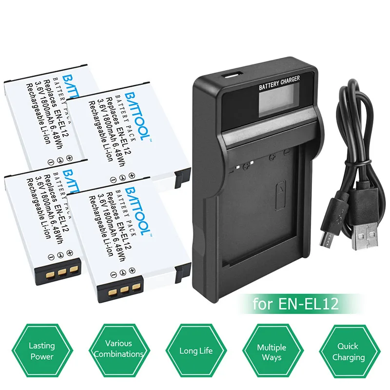 4Battery1LCDCharger Battool RU EL12 EN-EL12 Батарейки+ ЖК-дисплей Зарядное устройство для цифровой камеры Nikon Coolpix S9900 S9700 S9100 S8000 AW120 AW130 S6000 S6100 S6300 S9050 - Цвет: 4Battery1LCDCharger