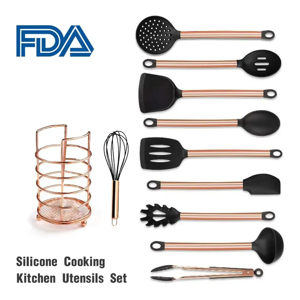 Rose Gold 11 шт., силиконовая кухонная посуда с медной ручкой и антипригарным покрытием, кухонная лопатка, ложка, набор кухонных инструментов, силиконовая кухонная утварь - Цвет: Rose Gold