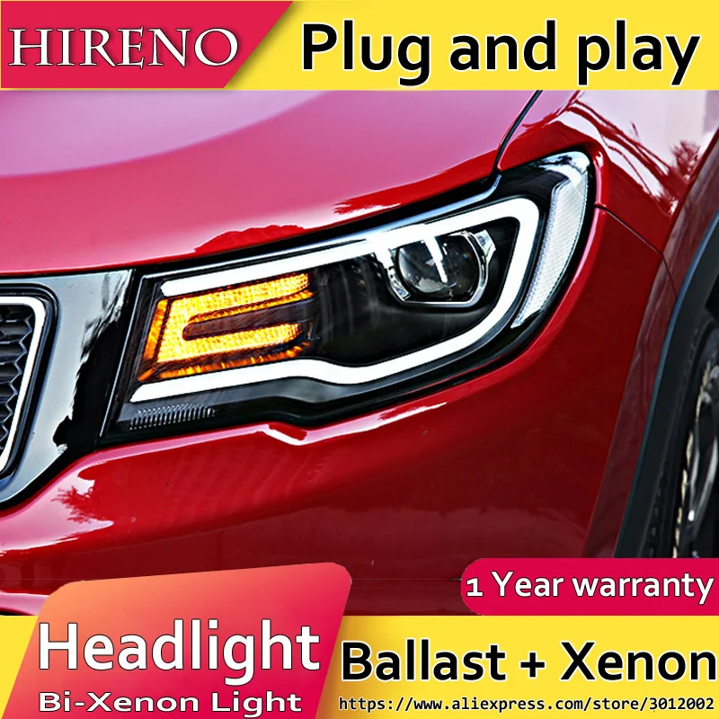 Hireno налобный фонарь для 2017 Jeep Compass сборки фар светодиодный DRL ангел объектив