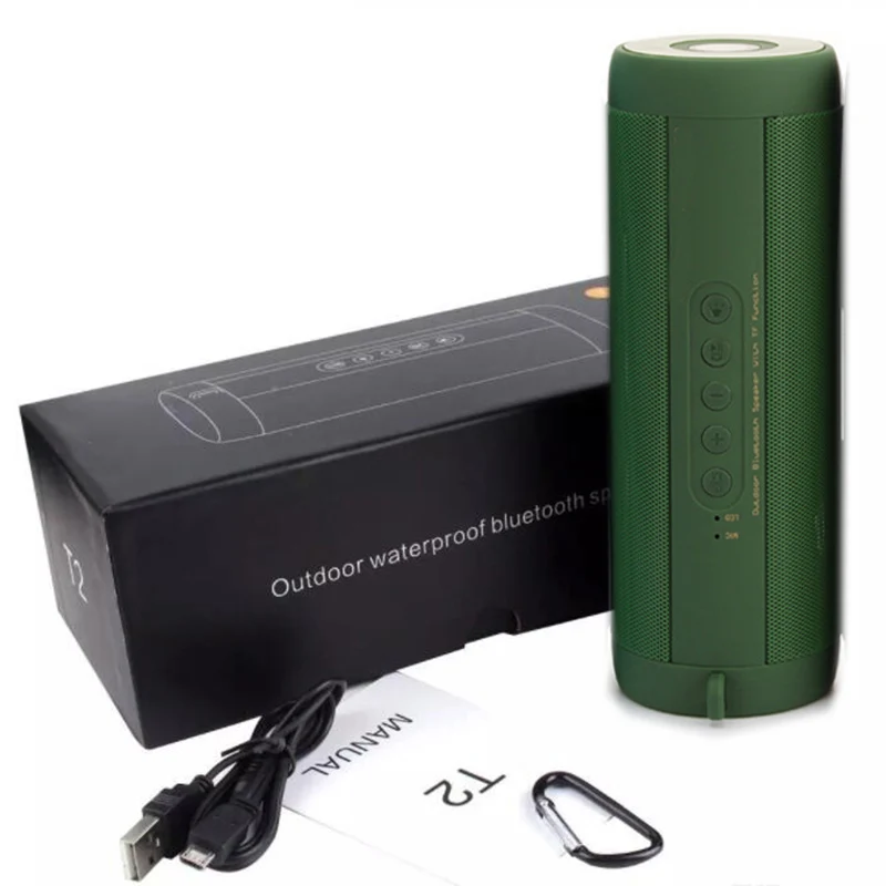 Greem with package T2 на открытом воздухе Водонепроницаемый Bluetooth динамик беспроводной портативный сабвуфер велосипед фонарик светодиодный для xiaomi радио FM power Bank - Цвет: Greem with package