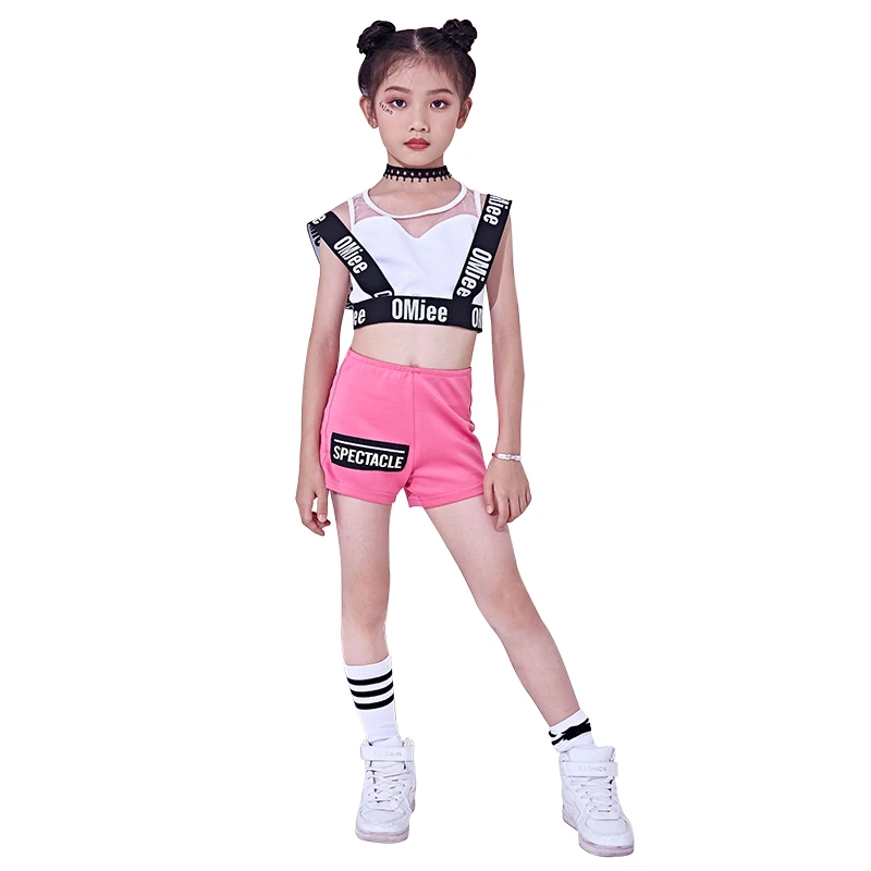 

Kids Jazz Dance Costumes Girls Suit Practice Stage Costume Hip-hop Performance Navel Exposed Costume Pink For Girls BL1102