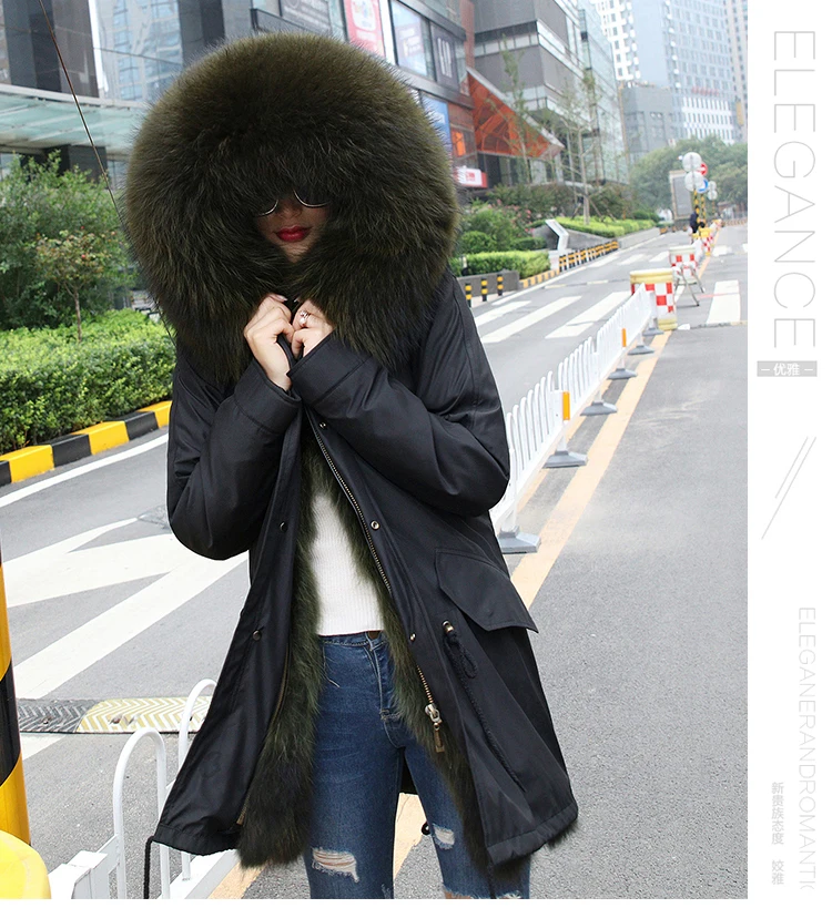 2017 модное женское пальто с капюшоном и большим воротником из меха енота теплые