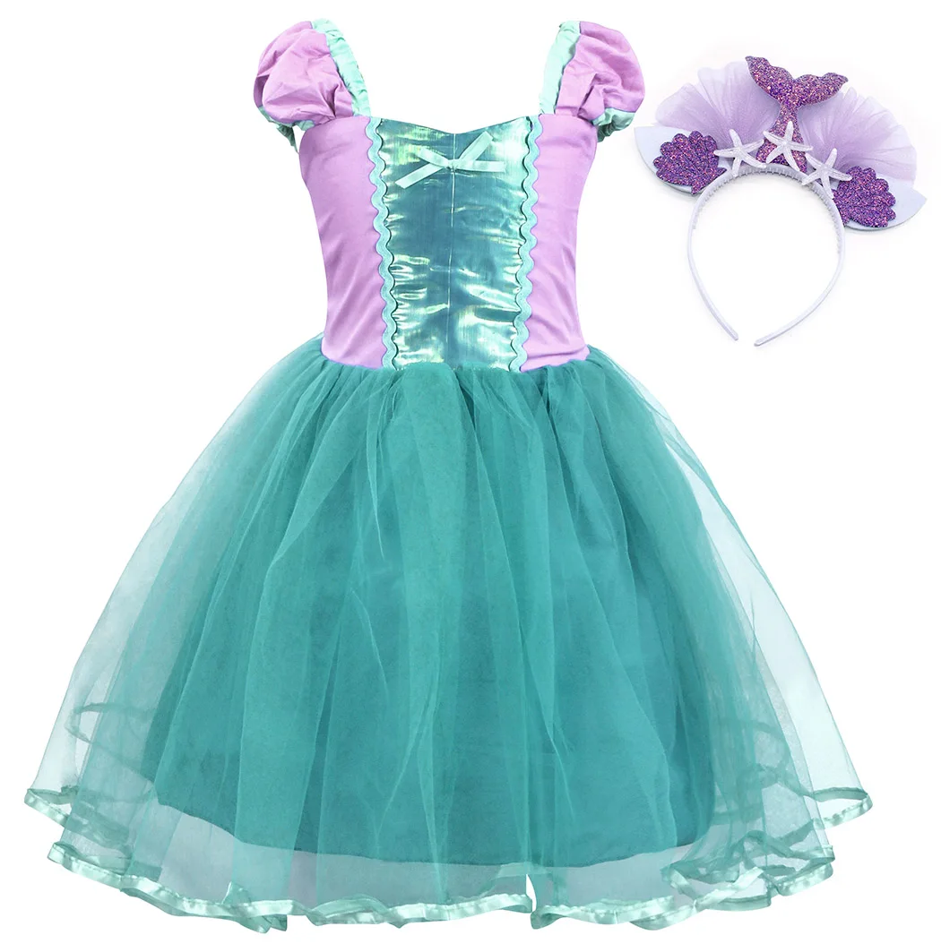 Dress and Headband-2 AmzBarley/костюм маленькой Ариэль для маленьких девочек; платье с короткими рукавами для девочек; повязка на голову; вечерние костюмы принцессы для костюмированной вечеринки; кружевное бальное платье - Цвет: Dress and Headband-2