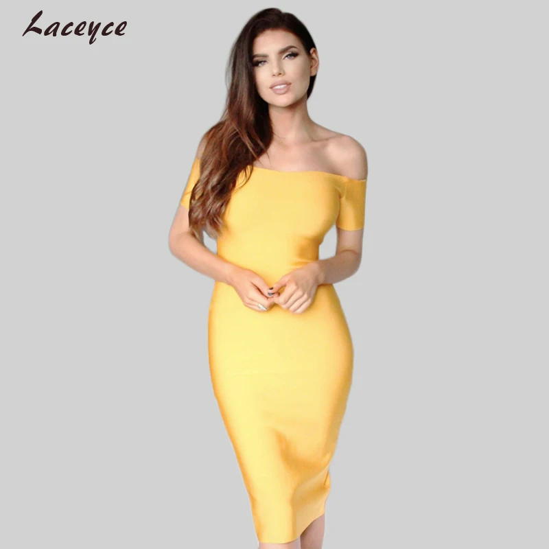 2018 New Summer Bandage Dress Sexy Off The Shoulder Yellow Short Sleeve Zipper Front Both Side wear Bodycon Party Dresses | Женская