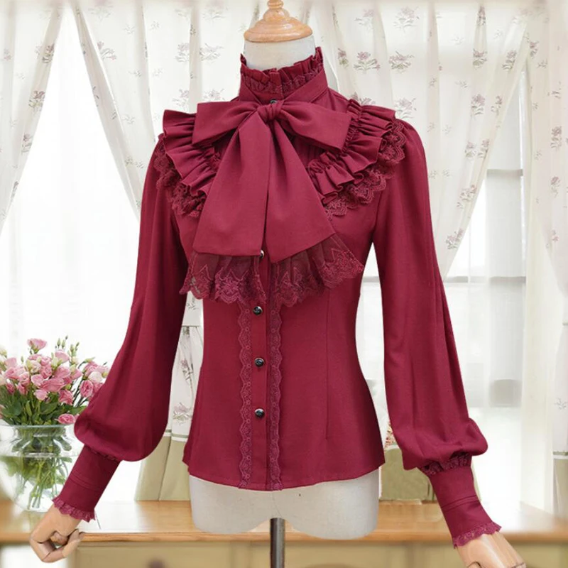 

Vintage Victorian Blouse 2022 Summer Lolita Top Wine Red Black White Long Sleeve Chiffon Shirt Women Blusas Gothic Office Blouse