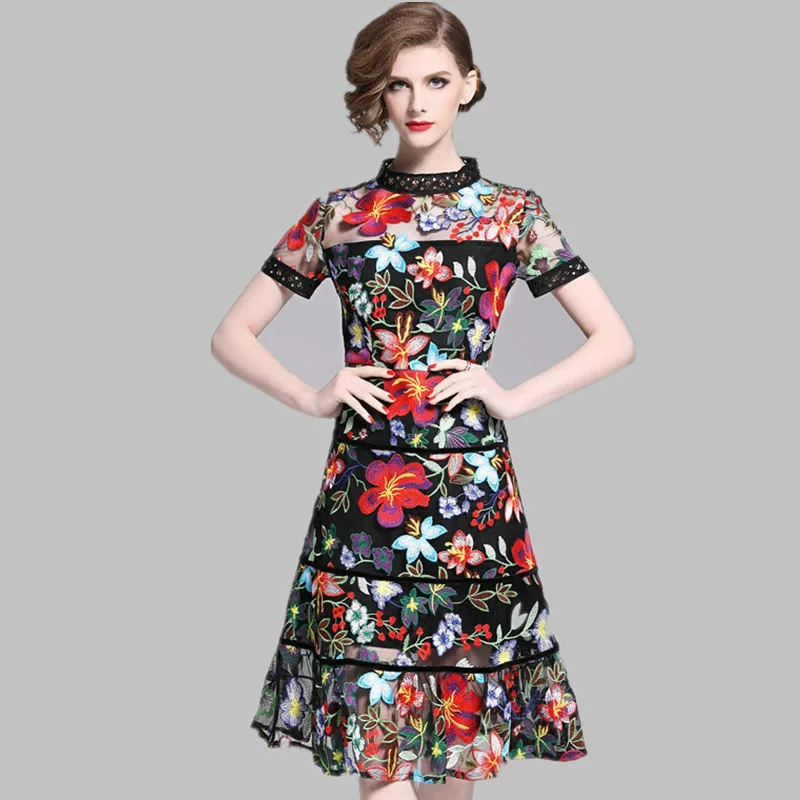 Дизайнерские Подиумные летние платья vestidos женские сетчатые платья с цветочной вышивкой короткий рукав открытая оборка в виде рыбьего хвоста черное платье - Цвет: Picture color