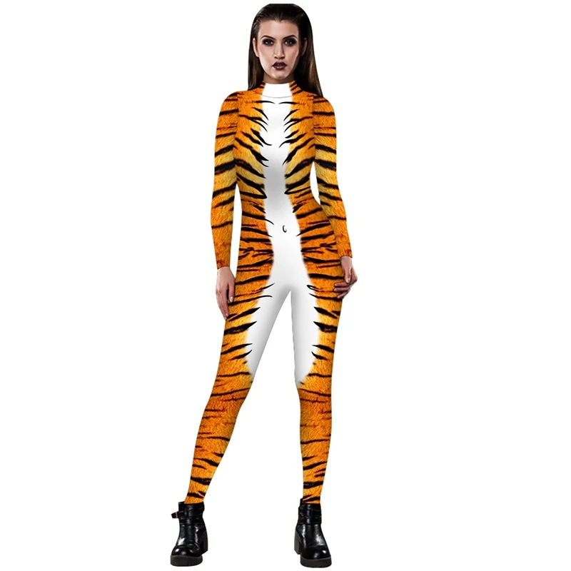 

4 Style Funny Long Bodysuit Bohemian Jumpsuits Leopard/Serpentine/Tiger Print Women Comic Romper One Piece Zipper Playsuit