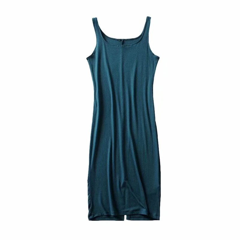 LUNDUNSHIJIA Fashion Bodycon Solid Spaghetti Strap Women Sleeveless Dress 2019 Summer Sexy Slim Split Jumper Dresses 7 Colors | Женская