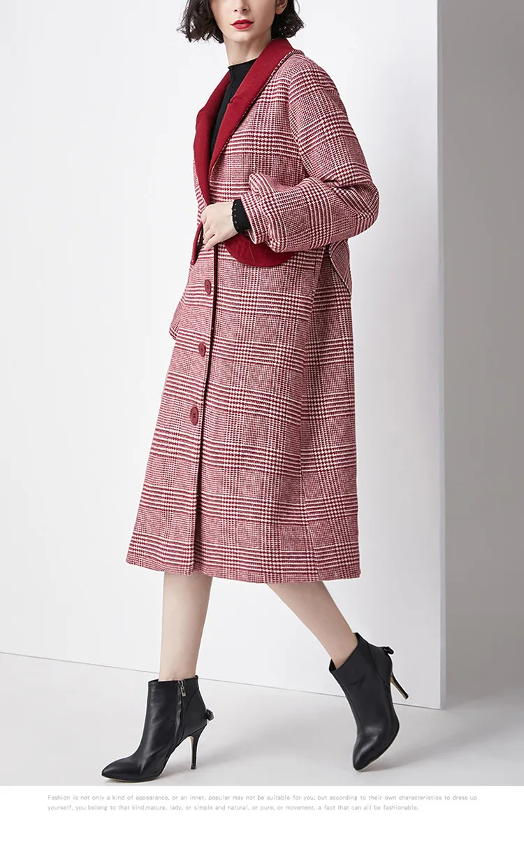 Женское однобортное шерстяное пальто красное теплое длинное в клетку