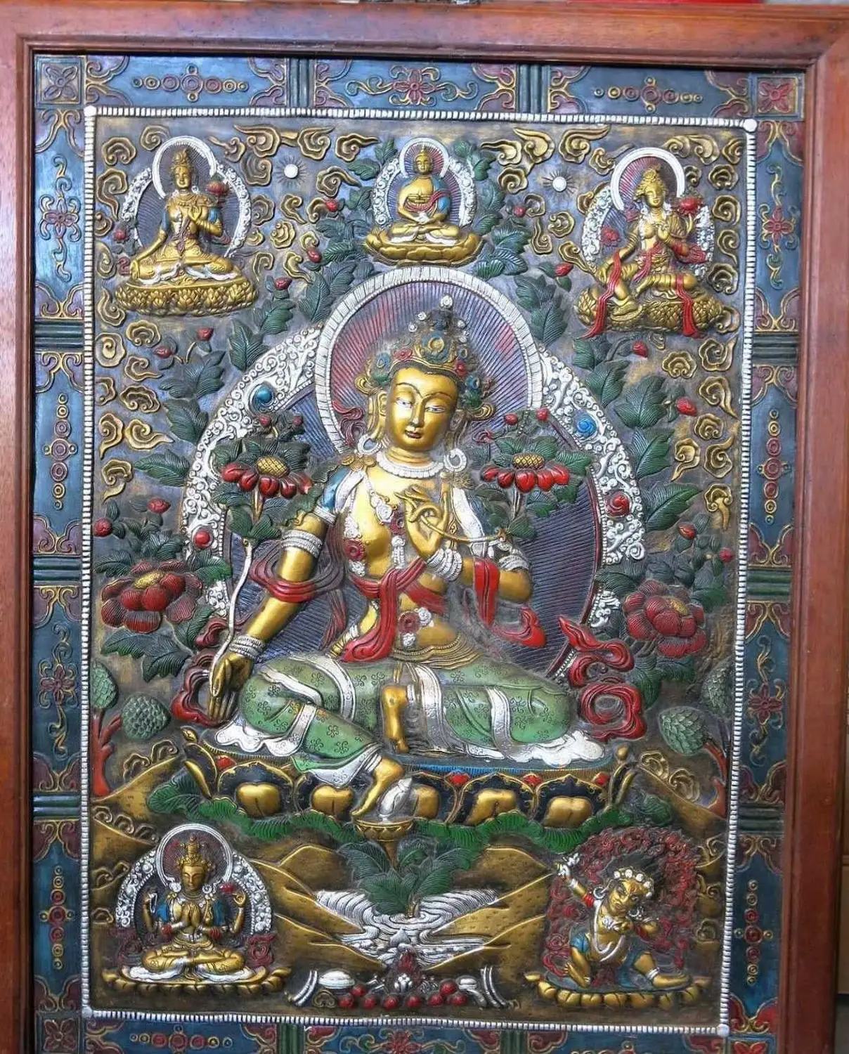 38 &quotтибетская деревянная медная Позолоченная серебряная пять Будды Зеленая