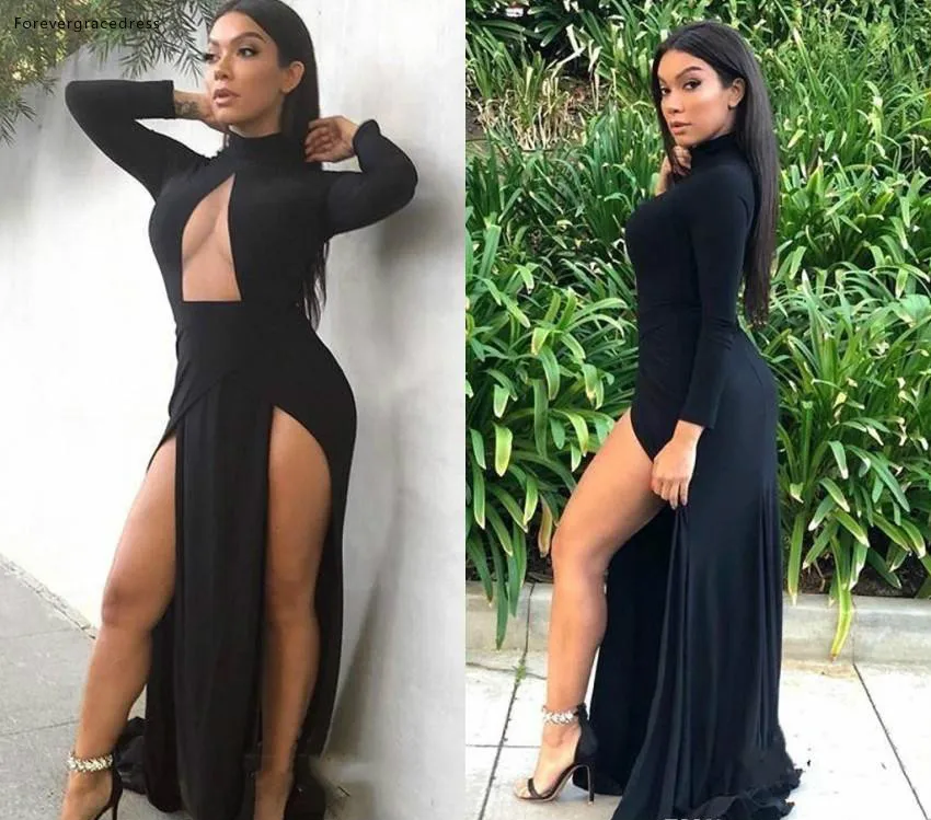 Черное платье с разрезом для выпускного вечера 2019 сексуальное высоким воротом и