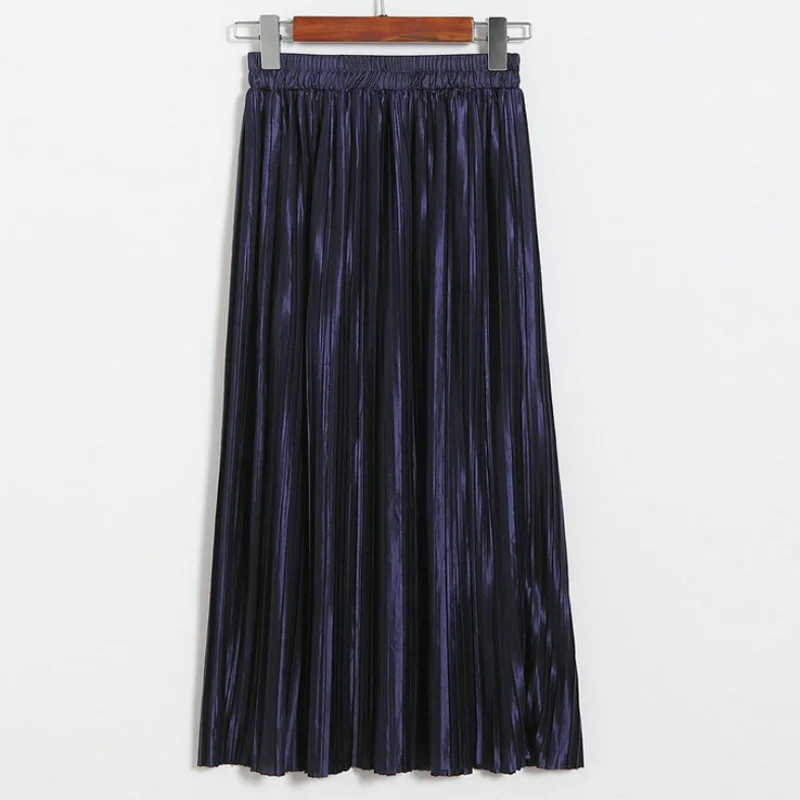 Aonibeier Women Pleated Skirt Long Skirt Elastic High Waist Midi Skirt Autumn Sexy Fashion Female Vintage Metallic Skirts Womens