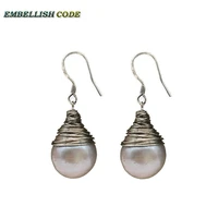 handmade grey pearls silver plated hook dangle earring baroque pearl fire ball stely tear drop shape with for lady
