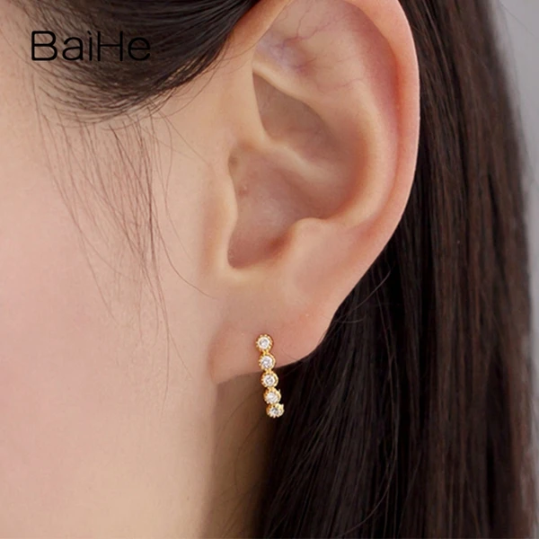 BAIHE Solid 14 K желтое золото 0.32ct H/SI круглая огранка натуральные Алмазы обручальные модные ювелирные изделия Уникальные серьги-гвоздики