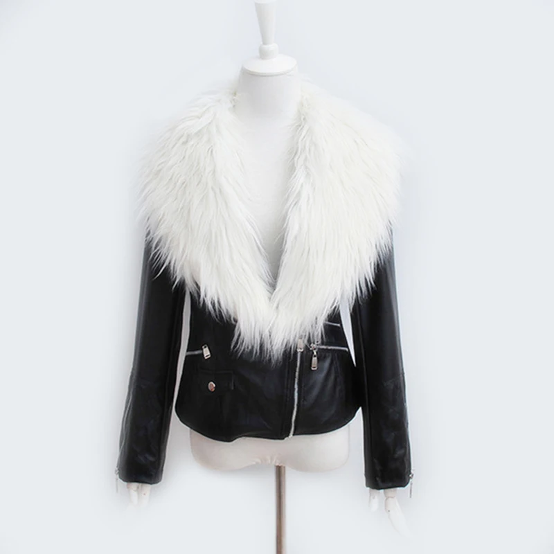 Motorcycle Jacket Top Quality Women Warm Winter Leather Fur Collar Zipper Short Waist Coat Overcoat Parkas Big Size XXXL Q4724 | Женская