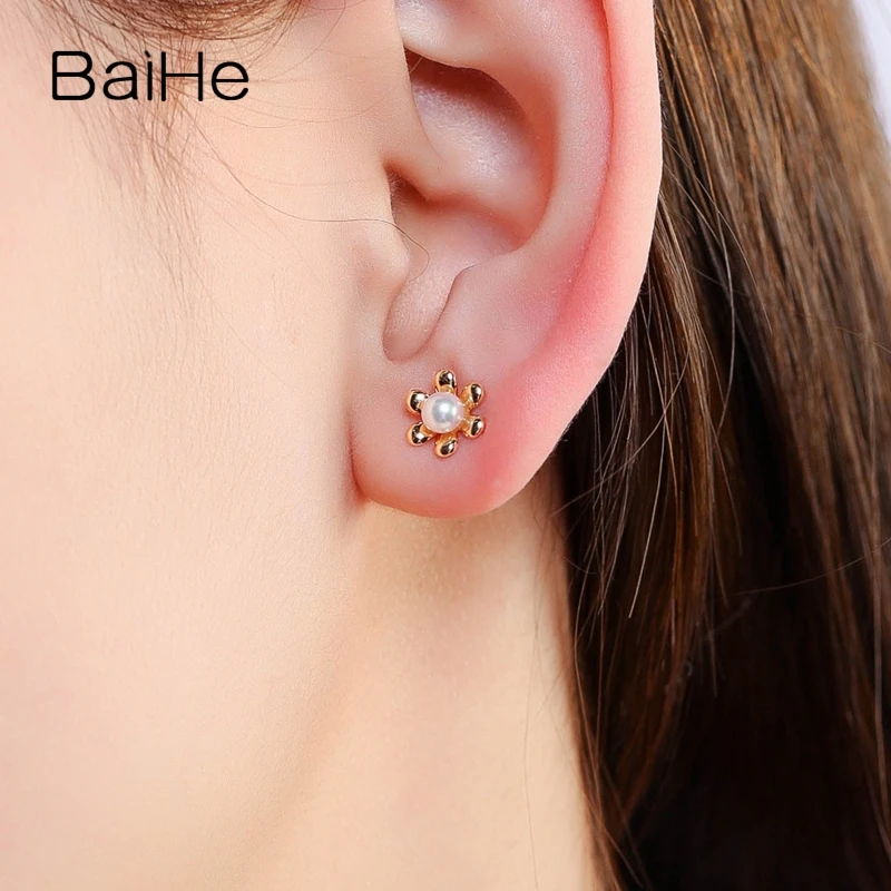 BAIHE Solid 14K желтое золото(AU585) 4-4,5 мм натуральная пресноводная жемчужина свадебные модные ювелирные изделия подарок серьги-гвоздики