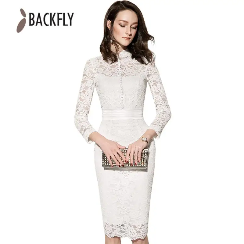 BACKFLY женское платье высокого класса дамы с длинным рукавом Кружева Карандаш